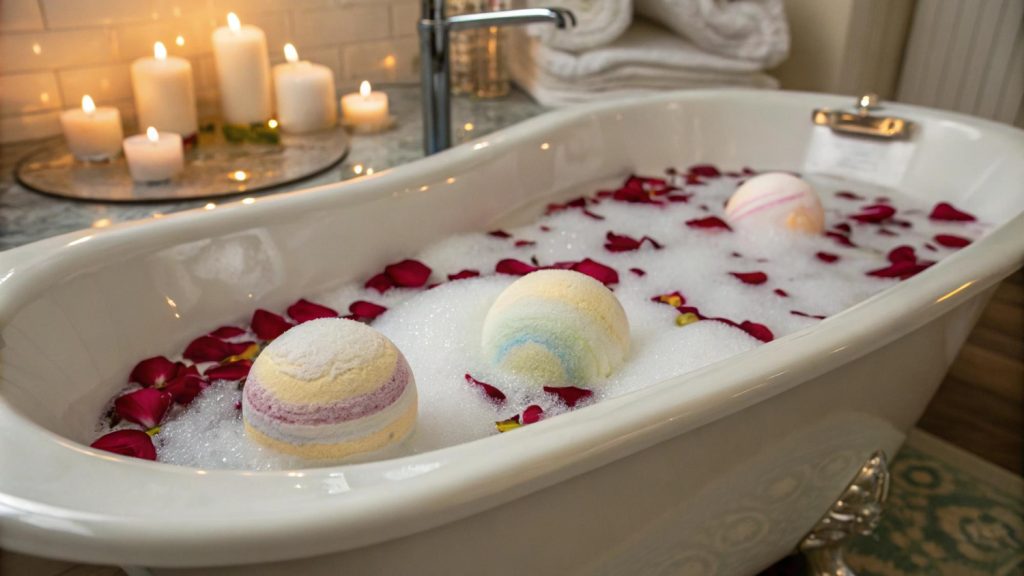 Spumant de baie pus într-o cada mare făcând spumă densă.