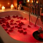 Spumant de baie pus într-o cadă cu petale roșii ce plutesc pe apa