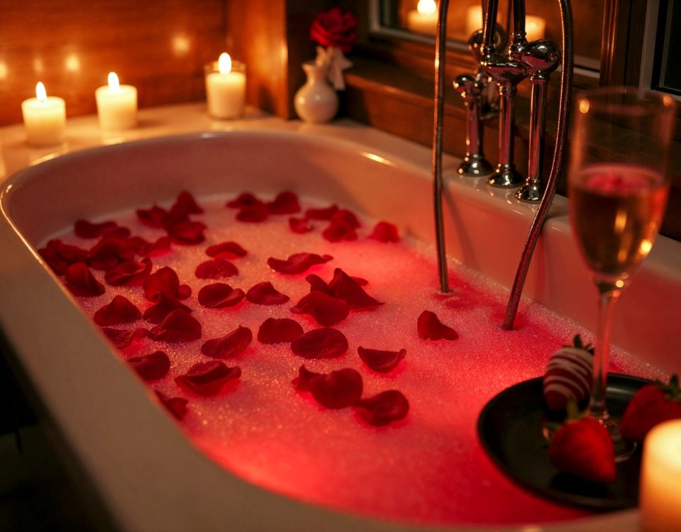 Spumant de baie pus într-o cadă cu petale roșii ce plutesc pe apa